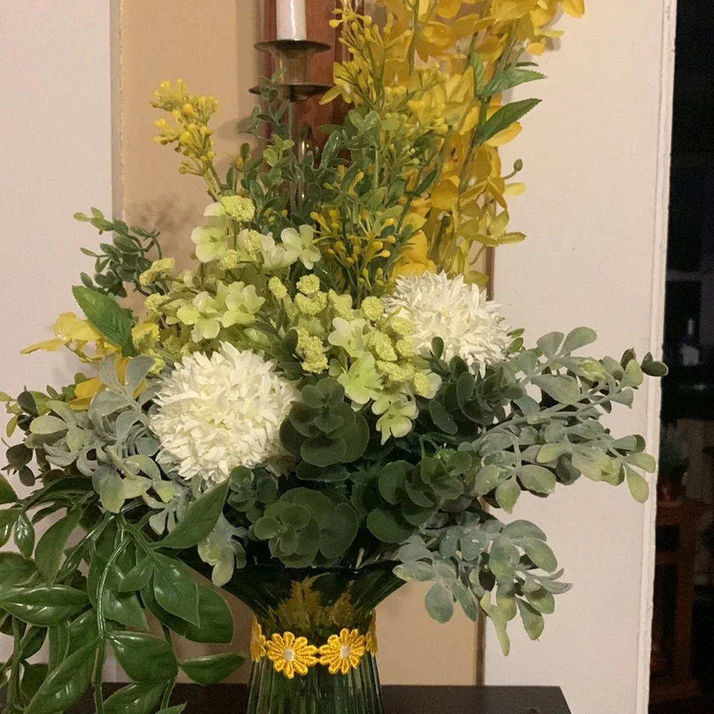 Hand Crafted- spring faux floral arrangement with accent vase